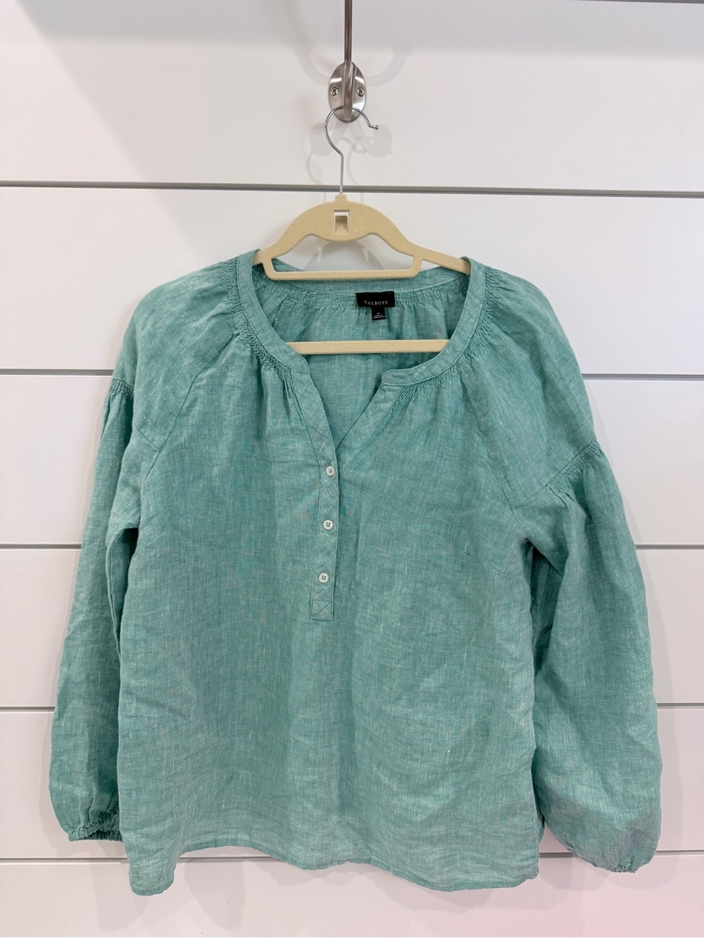 Talbots Seafoam Green Linen-Blend Henley Peasant Blouse
